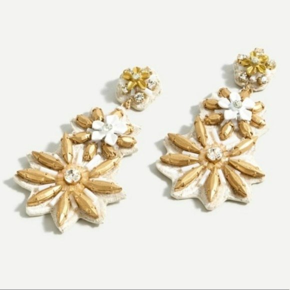 J CREW Floral Golden Blossom Statement Earrings Ivory & Gold NEW NWT - Picture 1 of 4